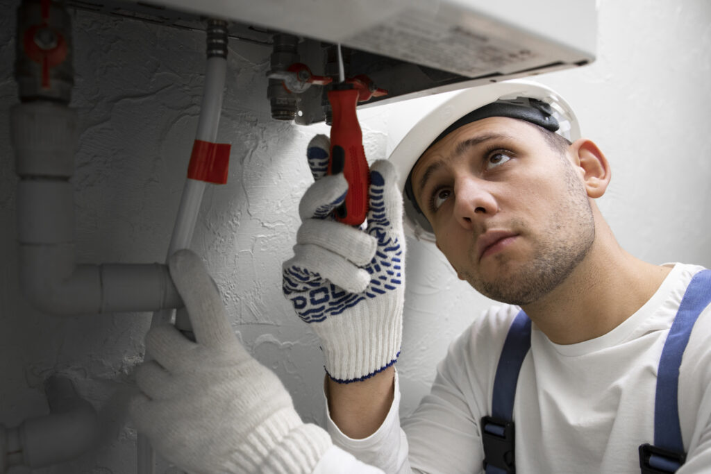 Technician inspecting a residential water heater for potential plumbing damage covered by homeowners insurance.
